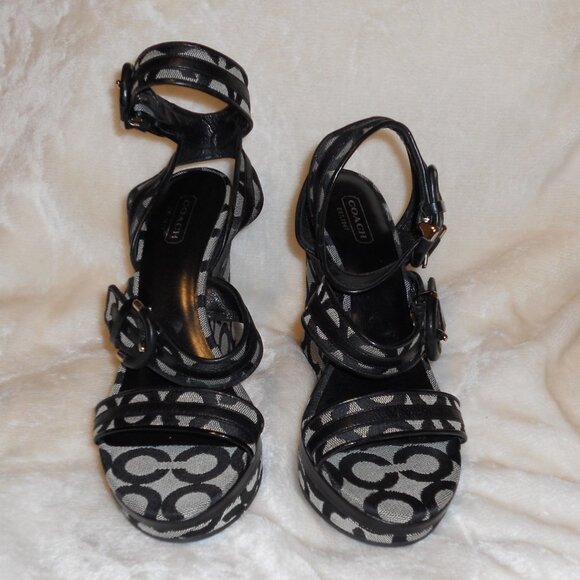 Coach Signature C's 7 1/2 B Maralee Black Platform Wedge Sandals - Picture 3 of 10